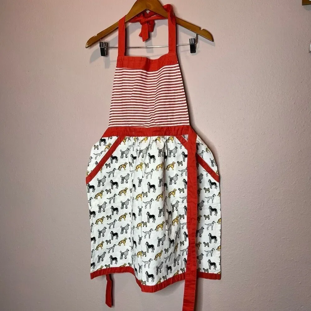 Red White Striped Apron Bib Dog Neck Waist Tie Vintage 100% Cotton Poodle Husky